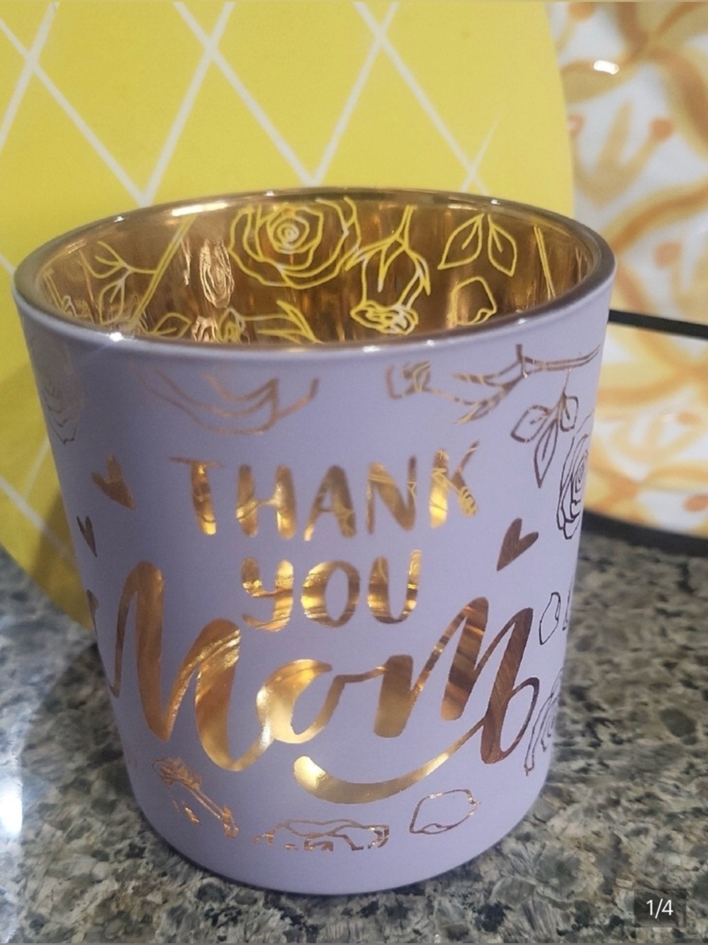 Mothers Day Thank You Mom Lilac and Gold Decorative Candle Holder